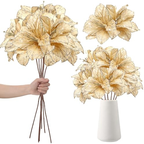 Hotop Glitzernde Weihnachtsstern-Blumen, 3 große Köpfe, künstliche Clivia-Blumen-Plektren, 61 cm langer Stiel, künstliche Weihnachtsblumen für Weihnachten, Vase, Tischdekoration, Hochzeit