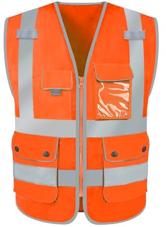 HYCOPROT Sicherheitswesten Warnweste Hohe Sichtbarkeit Sicherheit Reflektierendes Weste Executive Manager Workwear Jacke Zip Band Brace Handytasche Ausweishalter (XXL, Orange)