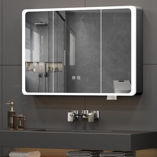 Ereousa Spiegelschrank Bad mit Beleuchtung, 100x13x70cm Spiegelschränke fürs Bad, Badezimmer Spiegelschrank met Spiegel und Ablage, Berührung Sensorschalter,Schwarz