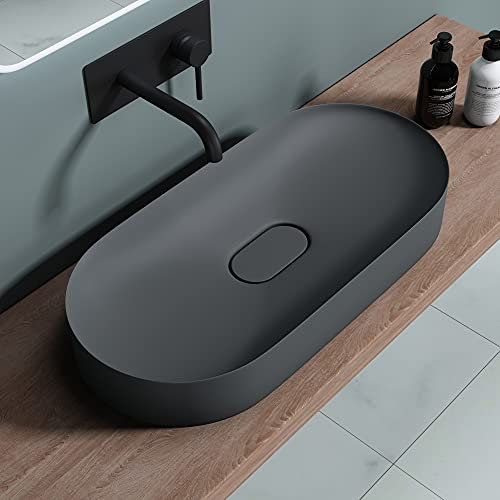 doporro Vasque à Poser Ovale Gris Noir Lavabo de Salle de Bains Évier 71x35,5x10cm Lave Mains avec Cache Bonde Colossum826