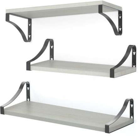 DPWEION Wooden Floating Shelves Set of 3,Wall Mounted Paulownia Wood Shelf for Bathroom/Kitchen/Bedroom/Living Room/Laundry room (Grey)