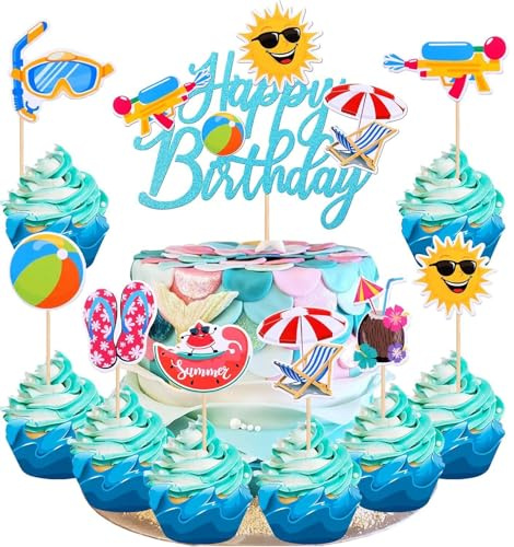 YUEcthynous Sommer Strand Kuchen Dekoration,25 Stück Sommer Happy Birthday Tortendeko, Schwimmbad Summer Beach Party für Hawaiisch Thema Geburtstag Hochzeit Party Dekoration Zubehör