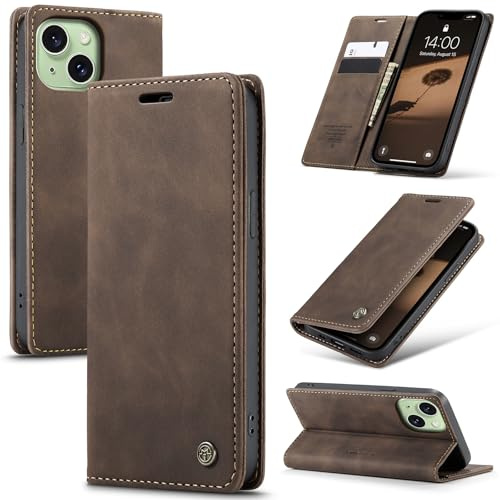 Azororo Handyhülle für iPhone 15 5G Hülle Premium Lederhülle Flip Case Magnet Tascher Kartenfach Standfunktion Klapphülle Schutzhülle für iPhone 15, Kaffee