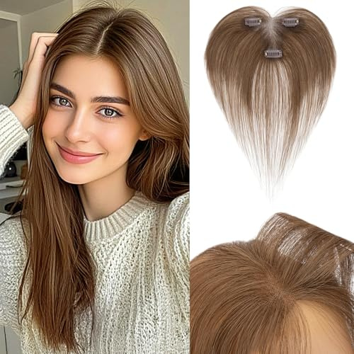 Benehair Haar Topper Damen Echthaar #04 Schokoladenbraun Haartopper Echthaar Oberkopf Damen 27 CM Human Hair Toppers Seitenscheitel 13g