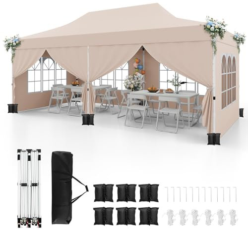 GOPLUS 3x6M Tonnelle Jardin Pliable, Hauteur Réglable, Entrées Zippées, Fenêtres, Sac de Transport, Sac Lesté Pavillon Portable Instantanée Pop-Up pour Fête,Mariage (3x6M-Pliable,Beige-avec Bâche)