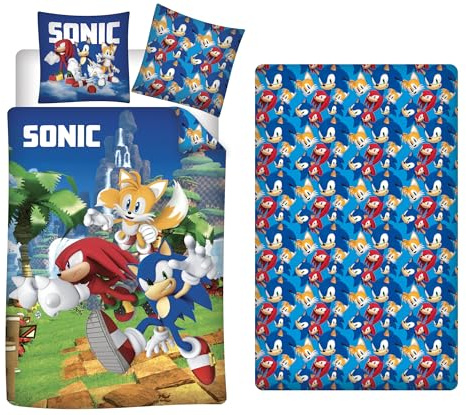 Sonic Bettwäsche 3-teilig 140x200 + Kissenbezug 63x63 + Spannbettlaken | Bettbezug + Spannbettlaken 90x190 | Mikrofaser schnelltrocknend | Knuckles Tails SEGA Lizenz | Geschenk | Maschinenwaschbar