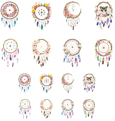 ANATTASOUL 16Pcs Traumfänger Bügelbilder Für Textilien für Kleidung | 6.5 x 8 CM/18 x 22 CM Schnell & Einfach Bügelbild DIY Sticker zum Aufbügeln Bügelbilder Erwachsene für Hosen, Hüte, Taschen