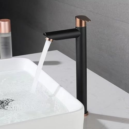 Robinet Haut Lavabo Salle de Bain Robinet Monotrou Eau Froide Mitigeur Vasque a Poser en Acier Inoxydable,Noir + Gold Rose