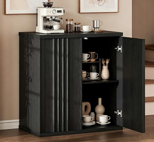 LVSOMT Moderne Sideboard Holz, Kommode mit 2 Wellen Türen, 85cm Hoch Buffetschrank, Verstellbares Regal, Magnetische Tür, Holzschrank Für Wohnzimmer Esszimmer Schlafzimmer Flur, Schwarz