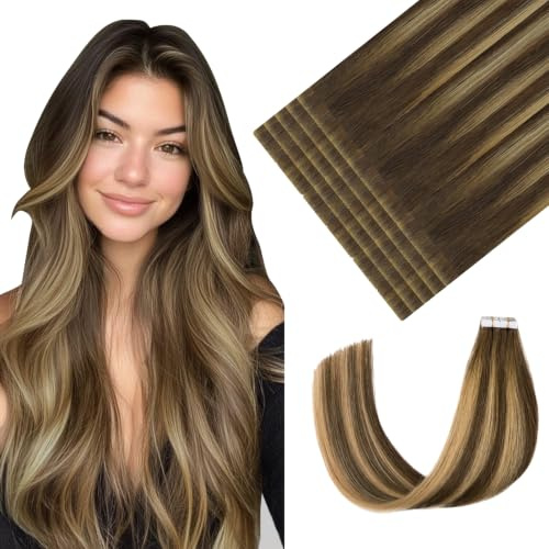 Youngsmile Invisible Tape Extensions Echthaar Braun Balayage Echthaar Extensions Tape Ombre Braun Karamellblond Remy Haarverlängerung Echthaar Tape Extensions 50g 20pcs #4/27/4 55cm (#4/27/4, 22 Zoll)
