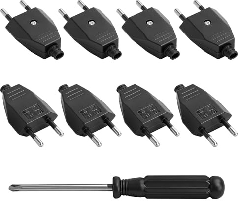 TNSLAND 8 Piezas Enchufe Europeo Plano, Clavija Enchufe Macho Plano 250 V 2,5 A, Enchufes de Alimentación para Uso en Interiores, Hogar de Schuko Instala o Reemplaza,Negro