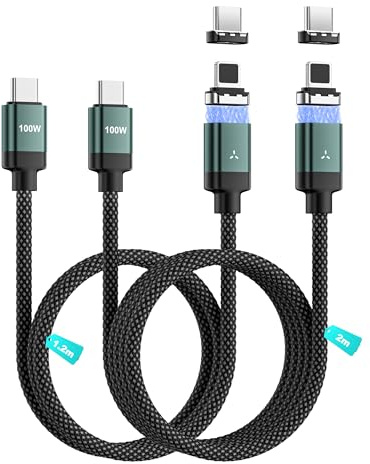 Magnetic USB C Charging Cable, 2-Pack 1.2M+2M - 100W PD Fast Charge Nylon Braided 2-in-1 Magnetic Phone Cable with 4 Tips, for iPhone 13-16, Samsung Galaxy, iPad, MacBook & More (Green)