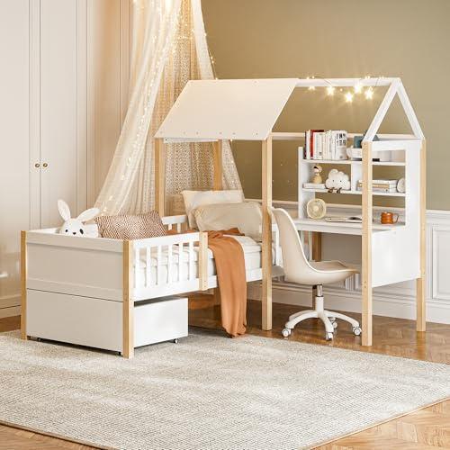 VIVCA Kinderbett 90 x 200 cm mit Rausfallschutz und Lattenrost, L-förmigem Schreibtisch und Bücherregal, Schubladen mit Rollen, multifunktionales Hausbett aus Massivholz, weiß.