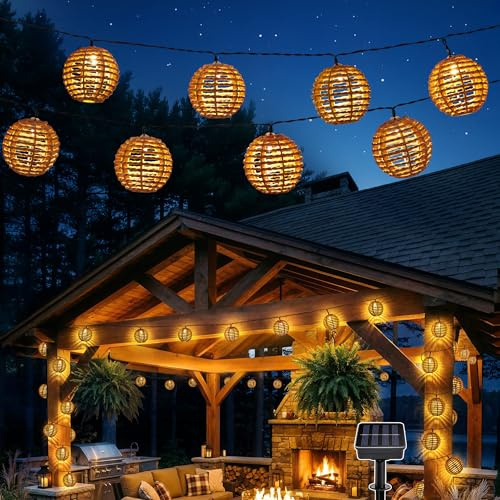 Guirnaldas Luces Exterior Solar, 10 LED Cadena de Luz Solar Jardin Impermeable Farolillos Cuerda de Papel Luces Solares Exteriores para Interior Balcón Terraza Patio Camping Fiesta Boda, Blanco Cálido