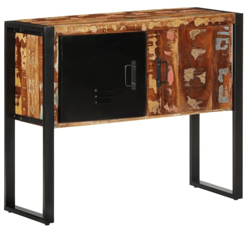 GeenYuu Table console multicolore en bois recyclé massif 90 x 35 x 75 cm avec pieds en métal et espace de rangement, table d'appoint stable pour chambre à coucher, salon, bureau, idéale comme table de