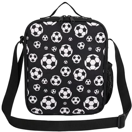 Kideerly Lunch Bag Kids, Black Insulated Lunch Bag for Men with Bottle Holder, Football Lunch Box Adults Kids Boys Girls Teenage for Work School Picnic Travel