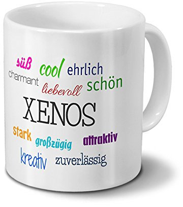 Tasse mit Namen Xenos - Motiv Positive Eigenschaften - Namenstasse, Kaffeebecher, Mug, Becher, Kaffeetasse - Farbe Weiß