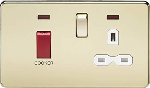 Knightsbridge SFR8333NPBW Screwless 45A Dp 13A Switched Socket with Neons-Polished Brass with White Insert