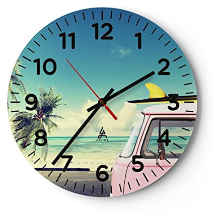 Modern Wanduhr Auto Surfbrett Strand Ozean 40x40cm Rund Groß Wand Uhr Glas Analog Zimmeruhren Küche Büro Wohnzimmer Glasuhr Wall Clock Dekoration Design Wanddekoration Küchenuhr C4AR40x40-2835