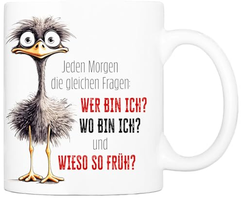 Cadouri Tasse mit Spruch Jeden Morgen die gleichen Fragen Kaffeetasse Bürotasse Spruchtasse, humorvoll, lustig, Geschenk, Arbeit, Büro, Geburtstag, weiß Keramik 330 ml