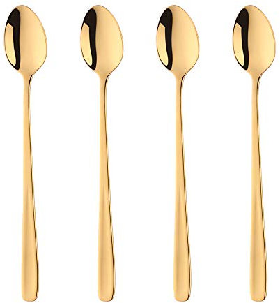 BISDARUN Latte Spoons 18/10 Stainless Steel Long Handle Dessert Spoon Sundae Spoon Set of 4 Gold Cappuccino Spoons Coffee Ice Teaspoons 20 CM/7.9 Inch
