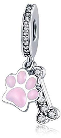 Ciondolo a forma di osso, in vero argento Sterling 925, con scritta I Love My Dog, per braccialetti Pandora. e Argento, colore: Charm a forma di zampe di cane rosa., cod. YS-S3331