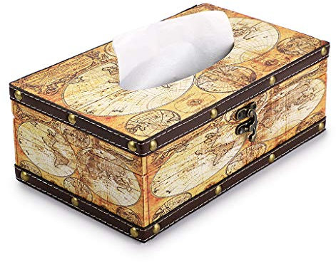 Sumnacon Retro Kleenex Halter Taschentuchbox aus Holz und PU ,Rechteckig , Taschentuchbox Abdeckung, Dekoration für Zuhause und Büro (Gelbe Karte)