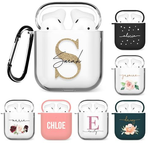 Tirita Personalised Custom Case Compatible with Apple AirPods 1st and 2nd generation, Support Wireless Charging, with Carabiner, Front LED Visible [06- Golden Monogram]