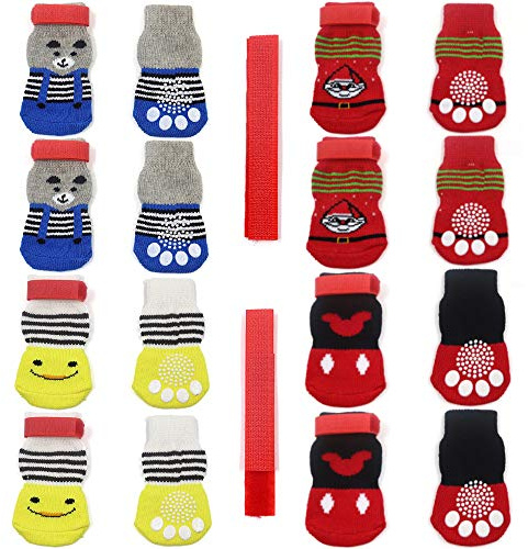 4 Pairs Anti-Slip Dog Socks&Cat Socks with Rubber Reinforcement and 8 small straps, Pet Paw Protector for Hardwood Floors, Indoor Wear style 2(S)