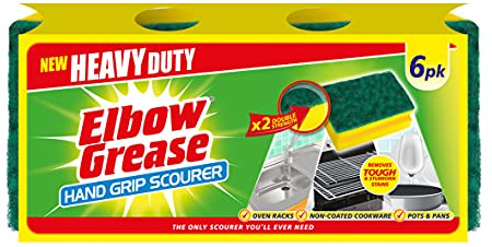Elbow Grease Hand Grip Scourer - Heavy Duty (6 Pack Yellow/Green) | Suitable for Oven Racks, Non-Coated Cookware, Pots & Pans - Double Strength | Removes Stubborn Stains - Washing Up Sponge