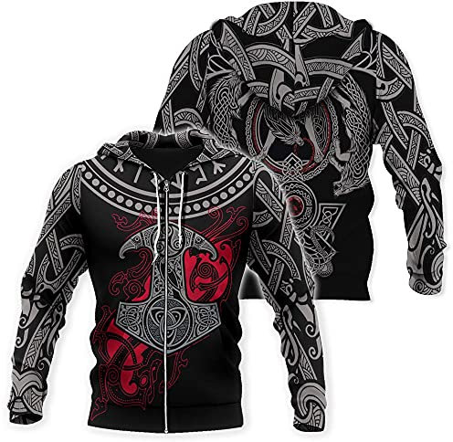 YOROOW-OUTDOOR Odin Thor Hammer Tattoo Hoodie für Männer, 3D Gedruckter Wikinger Langarm Hoodie Lässige Pullover Street Jacke,Zip Hoodie,XL