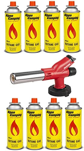 Alpen Camping Gasbrenner Kartuschenbrenner Flammentemperatur 1700˚C Piezozündung Flammenregulierung Lötbrenner Gasanzünder Lötlampe für Gaskartuschen (Gasbrenner + 8x 400ml Kartuschen)