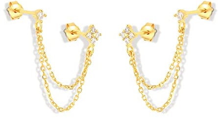 Round CZ Flower Double Piercing Studs Chain Cuff 925 Sterling Silver Earrings for Women Teen Girls Cartilage Tassel Dangle Drop Climber Crawler Cute Fashion Minimalist Jewelry Gifts Birthday (Gold)