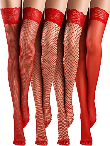 Bencailor 4 Pares Medias de Red Muslo de Encaje Silicona sobre Rodilla Transparentes Sedosas(Rojo,M)