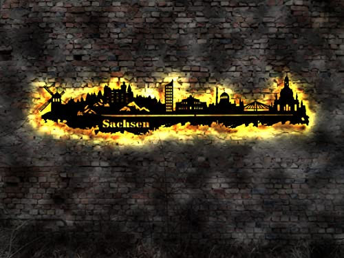 Skyline Sachsen Bundesland LED Wandbild Holz Stadt AK Karte Map Stadtplan Wandsticker Leuchtbild Neonreklame Wandtattoo Reiseführer Silhouette