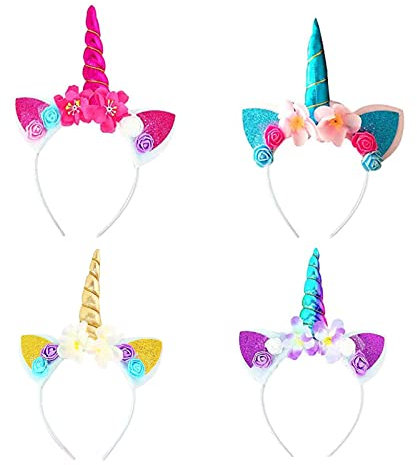 Mikqky 4 Pièces Serre Tete Licorne, Bandeau Licorne Adulte, Serre Tete Licorne Fille, Licorne Bandeaux, Accessoires De Costume de Couvre-Chef de Fête Cosplay (4 Styles)