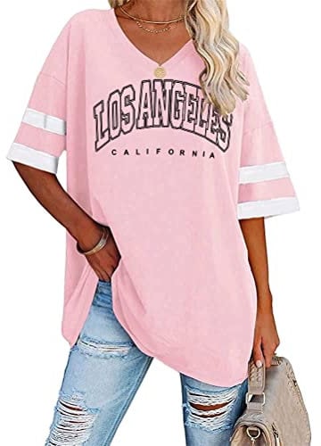 Tomwell Damen Los Angeles Tshirt mit V-Ausschnitt Kurzarm Sport T-Shirt Sommer Rundhals Oversized Oberteile Lose Tunika Lang für Teen Girls B Rosa M