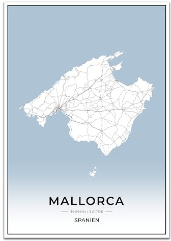 Vacentures Mallorca Karten Poster - Premium Wandbild ohne Bilderrahmen I Moderne Wanddeko für Wohnzimmer oder Schlafzimmer I Hochwertiger Druck (Blau, 21x30 CM)