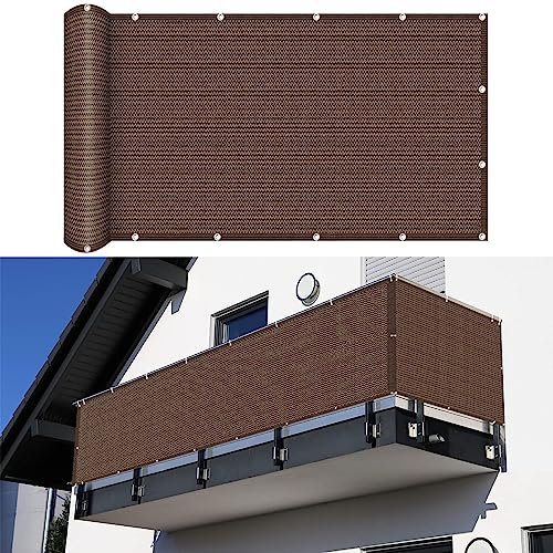 Balkonbespannung 130 x 950 cm Windschutz Staubschutz Tennisblende Schattiernetz Sichtschutz mit Ösen und Kabelbinder für Balkon Zaun Terrassen Garten, Braun