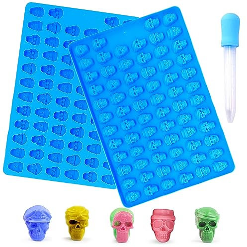 Lot de 2 avec 140 Moules à Bonbons en Silicone, Cavités Moule Tête de Mort Moule Cavités Moule en Silicone Halloween en forme de crâne d'Halloween en silicone pour fête d'Halloween avec pipette