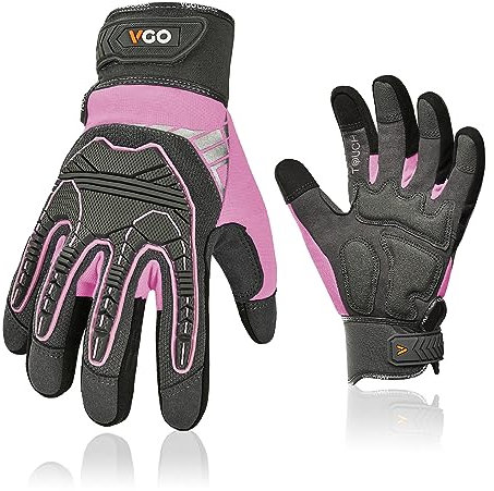 Vgo... Heavy Duty Work Gloves for Women, Synthetic Leather Gardening Gloves with Impact Protection and Vibration Reduction, Touchscreen Compatible - 1 Pair (Pink)