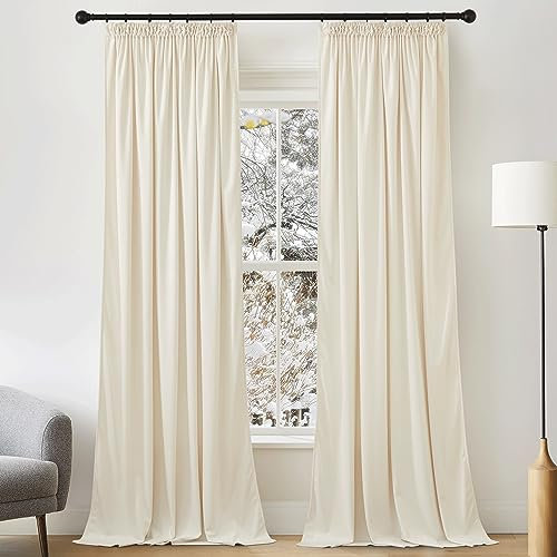 PONY DANCE Samtvorhänge Creme Wohnzimmer Vorhänge mit Kräuselband für Schiene 2er Set H 220 x B 132 cm Samt Gardinen Verdunkelung Thermovorhang Kälteschutz Velvet Curtains (Gewicht: 300g/m²)