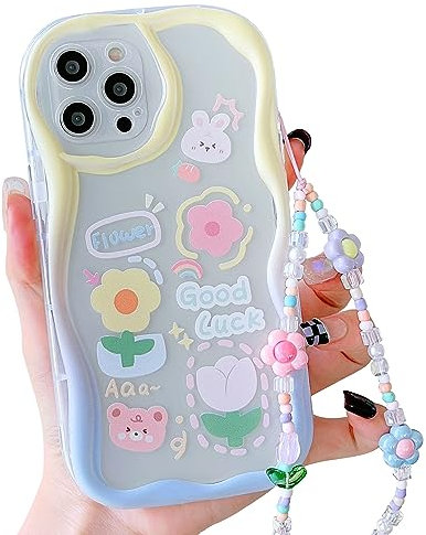 ECZOIL Compatible with iPhone 12 Pro Max Case Cute with Chain Clear Cartoon Floral Bear Rabbit Kawaii Pattern Slim Soft TPU Transparent case for iPhone 12 Pro Max for women girl-Gradient