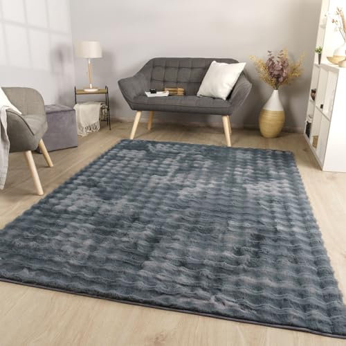 TT Home Wohnzimmer Teppich Esszimmer Langflor Skandi Optik Geometrisch 3D Unifarben, Farbe:Anthrazit, Größe:160x220 cm