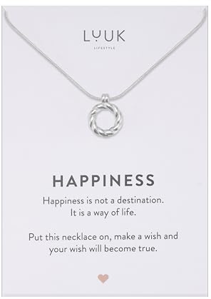 LUUK LIFESTYLE Edelstahl Halskette mit gedrehtem Kreis I Kranz Anhänger und HAPPINESS Spruchkarte, schlichtes und feminines Design, verstellbare Kettenlänge, 50 cm, Silber