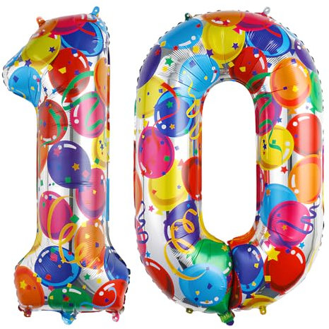 Ponmoo 40 Zoll Foil Luftballon Zahlen 10 Mehrfarbig (101cm), Aufblasbares Helium oder Luft, Riesige Folienballons Nummer 0-100, Große Ballones für Hochzeitstag und Geburtstag Party Dekoration