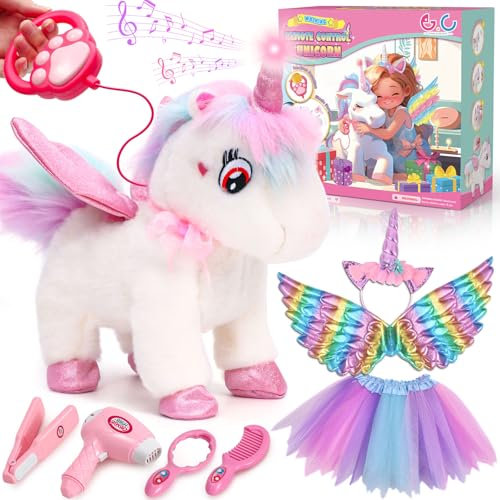 Peluche Electrónico de Unicornio para Niñas 3+ con Correa Control, Juguete Interactivo que Ladra y Anda, Disfraz de Unicornio para Juego de Roles y Cumpleaños