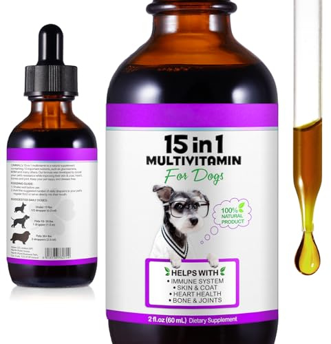 15 in 1 Dog Multivitamin Drops for dogs - Dog Vitamins & Supplements Natural Dog Multivitamins and Minerals - Glucosamine, MSM for Skin & Coat, Heart Health, Bones, Joint, Immune System Support