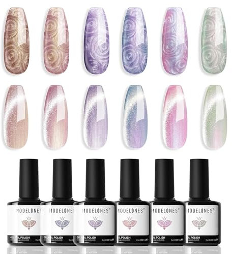 Modelones UV Gel Nagellack 6 Farben - Glitzer Rosa Nude Blau Lila Gold Grün Perle Effect Cat Eye Mit Stick & Magnet Den Kreis Zeichnen Für Sommer