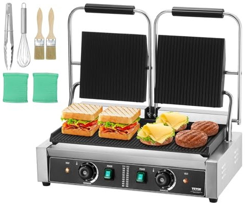 VEVOR Griglia per Panini Piadine Commerciale 3600W Elettrico Doppia Pressa per Sandwich Panini in Acciaio Inox, Temperatura Controllata Piastra Smaltata Scanalata, ca. 50°C a 300°C Griglia Doppia